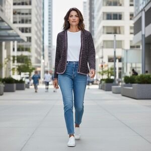 ELLE Women's Textured Knit Open Front Cardigan Sweater Jacket Small Multicolored